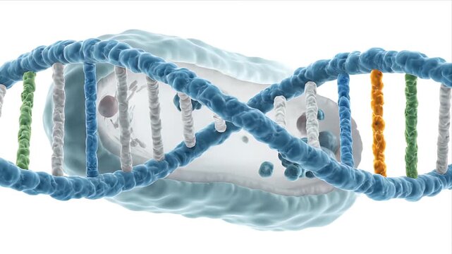 Microscopic view of cellular structures and DNA helix CGI animation for medical education research and science presentations on a white background