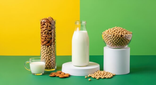 Glass bottle of milk with almonds and soybeans on a yellow and green background