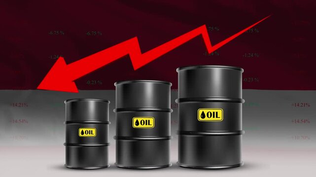 Indonesia Flag with Oil Barrels and Red downward Arrow Rising Crude Prices Economic Growth