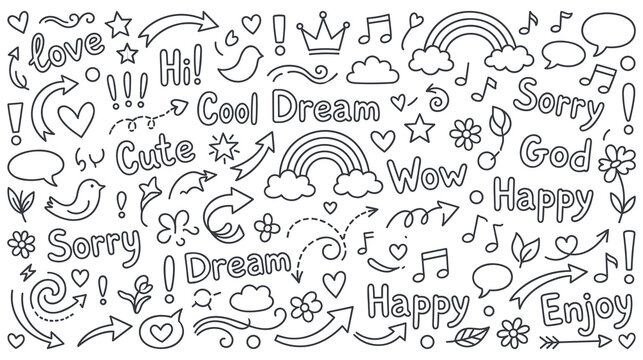 Cute doodle set with funny words and sweet decorative vector elements.
