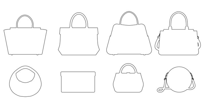 Vector set of black contour silhouette of various bags. Fashionable set of outline purses clip arts