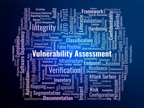 Vulnerability Assessment Word Cloud. A technical visual summary of asset discovery, risk prioritization, regulatory compliance frameworks, and proactive system hardening strategies.