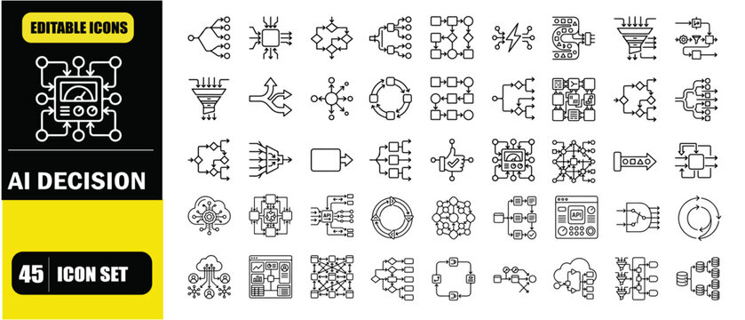 AI Decision Engine Automation Icon Set &ndash; Intelligent Systems, Machine Learning Decision Making, Workflow Automation, SaaS Platform Interface, Data Processing and Smart Logic Line Icons &ndash; Thin Line Edi