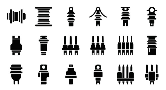 Electric plug icons, plug symbols, power connectors, electrical outlets, 20 black vector graphics