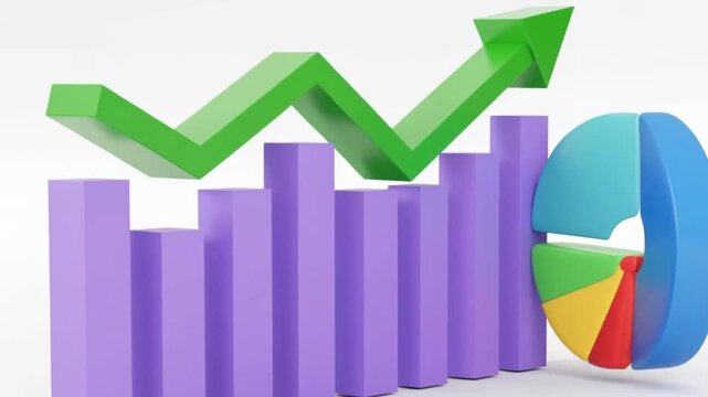 Upward trending financial graph with colorful bar and pie charts symbolizing growth and success