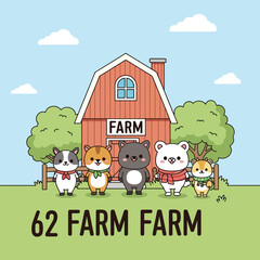 Fototapeta premium A group of cartoon animals standing in front of a red barn with a sign that reads 'FARM' on a green