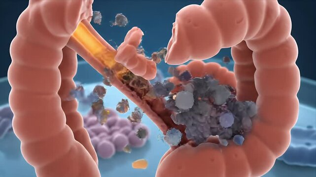 Microscopic view of intestinal villi damaged by inflammation and cellular debris with a blue background medical animation