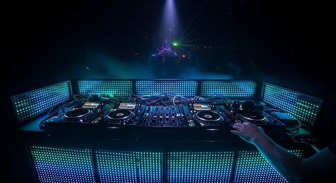 DJ mixing music at nightclub with led lights