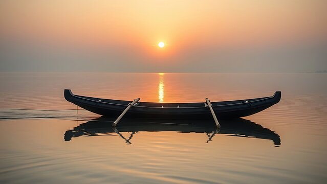 outriggers. Traditional wooden canoe with bamboo outriggers floating on calm lake at sunrise, soft morning light. tourism brochures, itinerary planners, designed for travel destination branding.