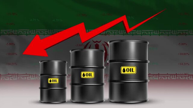 Oil Price Decline with Iran Flag and Falling Crude Barrel Trend