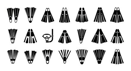 Diving fins, flippers, snorkel icons, scuba diving accessories, black vector set © Shabana