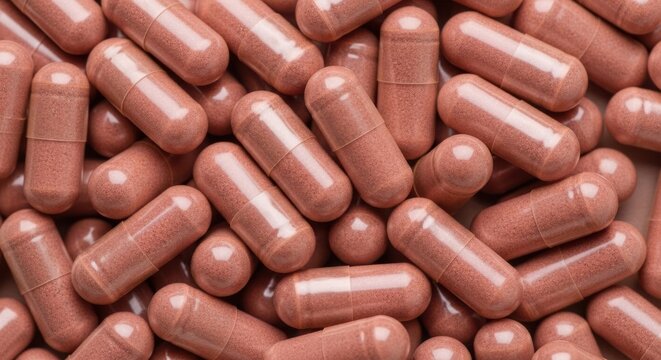 Closeup of many red supplement capsules