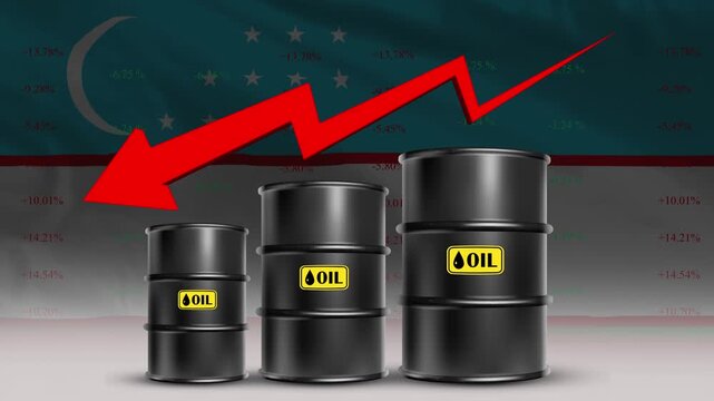 Oil Price decrease with Uzbekistan Flag and Rising Crude Barrel Trend