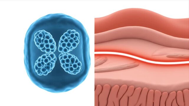 Microscopic view of sperm and segmented neutrophils cells next to cross section of skin tissue with inflamed epidermis layer and blood vessels Medical illustration of human reproductive and immune
