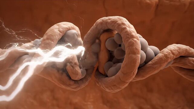 Microscopic View of Synapse Firing With Electrical Impulses Showing Neurotransmitter Release and Nerve Cell Communication on a Warm Orange Background in Cinematic Lighting