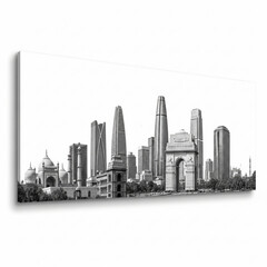 Obraz premium A black and white cityscape with a mix of modern and historic buildings