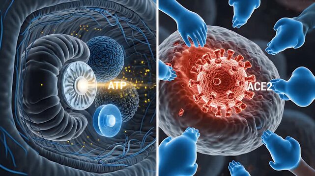 Microscopic View of Viral Entry into Cell Demonstrating ACE2 Receptor Interaction and ATP Production within Mitochondria Cellular Energy Process