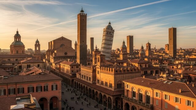 Bologna cityscape at sunset Italy.