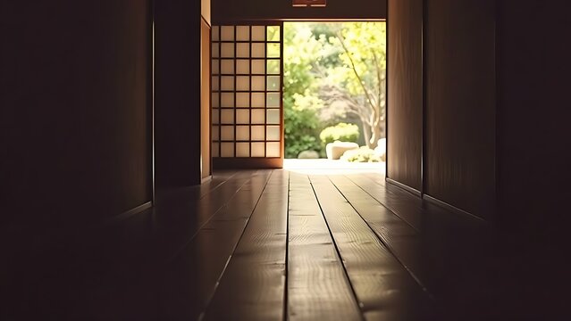 engawa. Wooden floorboards dividing shadowy interior and sunlit garden. travel magazines, destination branding, designed for travel destination branding, used by videographers.