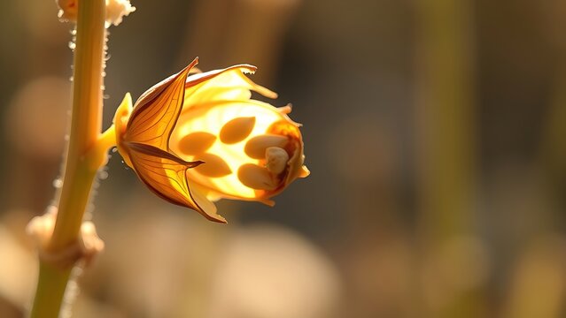 silique. Mature, dried rapeseed silique splitting open in sunlight, revealing tiny seeds inside on the plant stem. gardening catalogs.