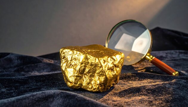 A large, rough gold nugget resting on dark velvet fabric with a magnifying glass nearby, reflecting soft studio lights