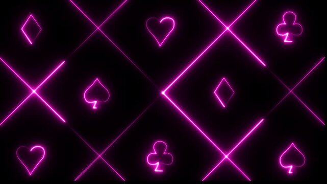 neon spade suit or symbol of playing card, 4k gambling animation. Neon playing cards glowing on black background.