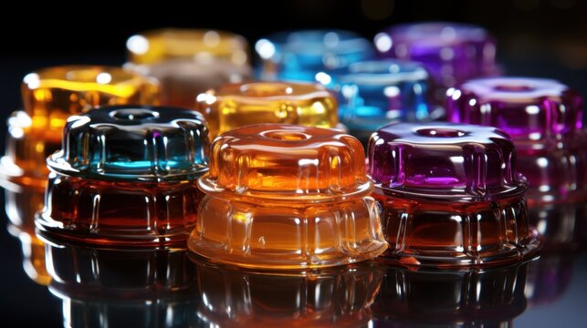 A collection of colorful glass insulators on a reflective surface