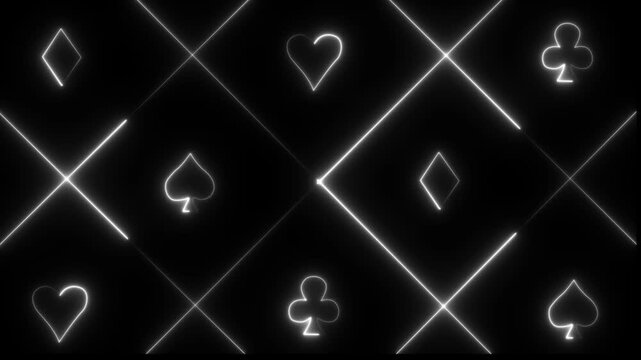 neon spade suit or symbol of playing card, 4k gambling animation. Neon playing cards glowing on black background. .