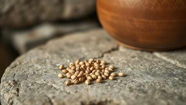 emmer. Ancient wheat seeds scattered on a stone millstone, an earthenware pot in background. menu design, packaging mockups, designed for food delivery and cloud-kitchen brand materials.