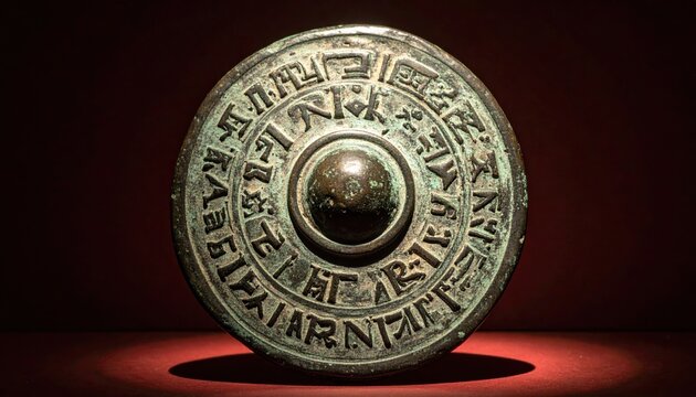 Ancient Urartian bronze shield fragment with intricate cuneiform inscription and circular patterned surface