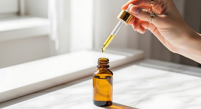 Tangan memegang pipet meneteskan serum ke dalam botol kaca melambangkan presisi rutinitas kecantikan dan kemewahan perawatan harian