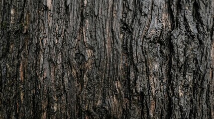 Fototapeta premium Close-up of a dark, weathered tree bark texture with deep grooves and natural patterns.