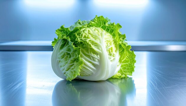 A Single Perfectly Formed Head of Crisp Iceberg Lettuce with Outer Leaves Slightly Wavy, Showcasing Freshness and Vibrancy