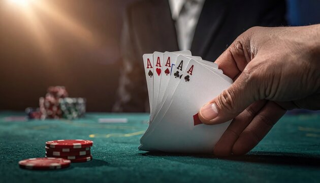 A professional player's hand expertly fanning out a powerful winning poker hand of four aces on a vibrant green casino table, showcasing triumph and strategy.