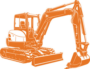 Detailed Orange Vector Illustration of a Mini Excavator Construction Machine Featuring Tracks a Dozer Blade and Hydraulic Digging Bucket Isolated on White © ΠISH4N I5L4M