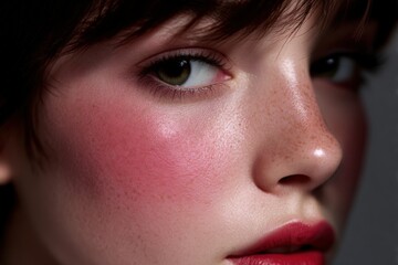 Fototapeta premium Close Up Illustration of Human Face with Green Iris Freckles Flushed Cheek Deep Red Lips Vivid Realistic Skin Texture