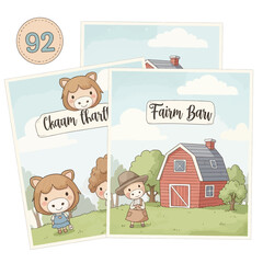 Fototapeta premium Illustration of a red barn with a girl and a bear in a green field with trees under a blue sky with