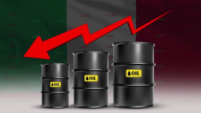Oil price decline Italy economy concept with barrels and red downward arrow