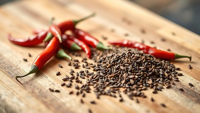 pasilla. Red chili peppers and cumin seeds scattered on a wooden cutting board. menu design, packaging mockups, designed for food delivery and cloud-kitchen brand materials, used by account managers.
