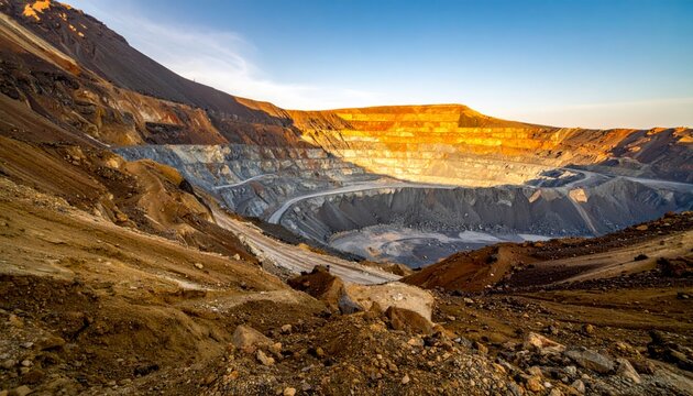 Vast open pit rare earth mine bathed in golden sunlight showcasing extensive excavation and geological strata
