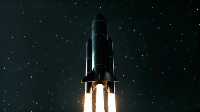 Bitcoin coin launched from crypto rocket concept. Futuristic rocket launching into a starry night sky with bright flames and space exploration theme
