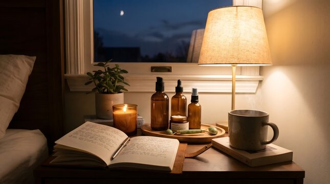 Cozy bedroom nightstand with self-care items and moonlit window