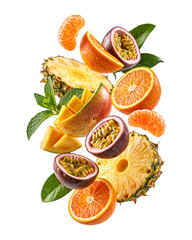 Obraz premium Floating tropical fruits with pineapple, mango, orange and passion fruit on transparent background