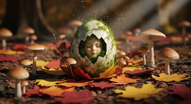 Fantasy mossy cracked egg with face in autumn forest