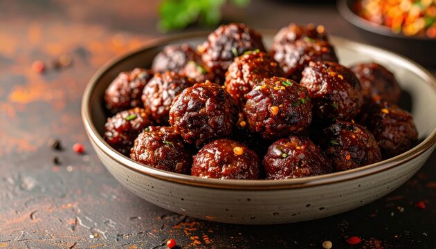 Rich, dark five spice beef meatballs glistening with savory sauce in a rustic ceramic bowl, perfect for an appetizer or main dish.
