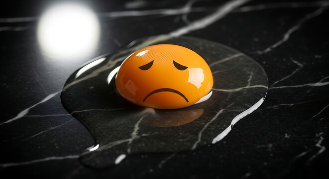 Sad cracked egg with face on dark marble background