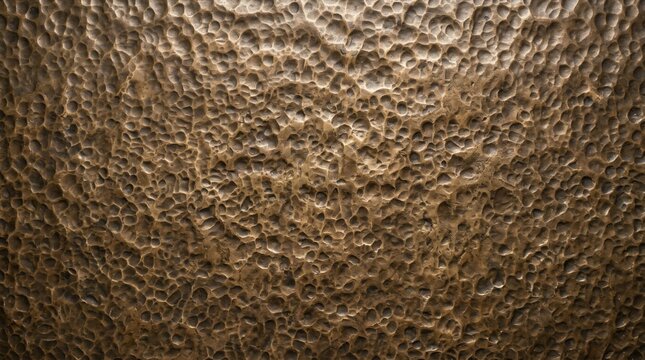 Close-up of a textured, hammered metal surface with a rustic, antique bronze finish, showcasing intricate details and reflections.