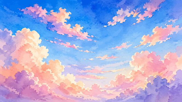 A dreamy watercolor sky featuring soft pastel clouds glowing in pink peach and lavender tones across a vibrant blue sunset horizon illustrated in a serene atmospheric style.