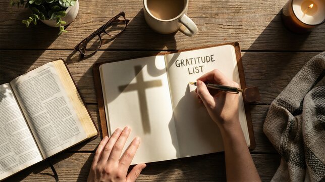 Woman writing gratitude list with christian cross shadow on open notebook. Reflection, mindfulness and prayer practice. Modern religion.