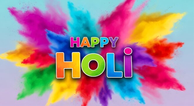 The words Happy Holi in multicolored letters are displayed over a vibrant explosion of colorful pigments against a light blue background.